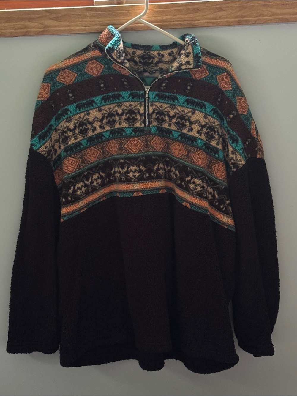 SHEIN Curve Black Sherpa Pullover with Teal and Tan Aztec Design